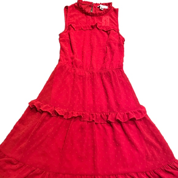 Monteau Red Dress NWT Swiss Dot Ruffle Layers Fully Lined High Neck Size Medium - Picture 9 of 12